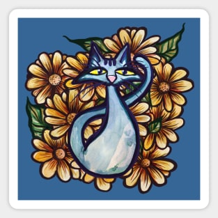 Blue Cat Feline Amongst Flowers Magnet